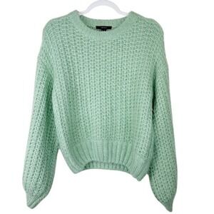 Forever 21 Mint Green Fuzzy Eyelash Waffle Knit Balloon Sleeve Sweater YP9306 M